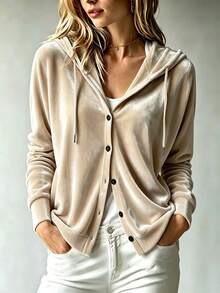 Women's Casual Front Button-Up Cardigan Jacket, Hooded Long Sleeve Design, Regular Sleeve Loose Fit Solid Color Top, Suitable For Daily Casual Wear, Travel, Campus, And Gatherings - Khaki - View 7