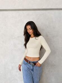 Small Size Yellow Long Sleeve Slim Fit Cropped Top, Round Neck Casual Outerwear Y2K Silky Basic Style, Spring/Autumn Inner Layer - Yellow - View 3