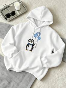 Men's Penguin Print Hoodie, Soft Cotton, Loose Fit, Hip-Hop Street Style, Breathable. - White - View 2
