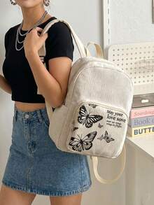 1PC Backpack, Women's Mini Backpack, Corduroy Girl Schoolbag, Travel Storage Bag, Butterfly Print Design, Large‑Capacity Foldable Easy‑To‑Store Bag, Lightweight & Pressure‑Relieving, Multi‑Pocket Layered Design With Zipper Closure - Text Butterfly 21817 - View 3
