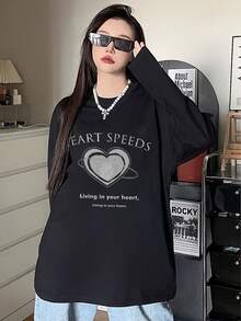 Women's Loose Fit Round Neck Fashion Casual Versatile Letter & Heart Print Long Sleeve T-Shirt, Spring/Autumn - Black - View 4