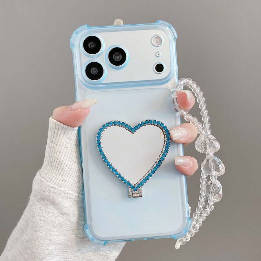 Encomende e Siga a Loja para Ganhar Cordão Grátis, Capa de Telefone com Suporte de Espelho em Forma de Coração Anti-Queda nos Quatro Cantos com Corrente em Forma de Coração + Capa de Telefone com Alça de Pulso/Compatível com Apple 17PROMAX/16promax/15promax/14promax/13promax/12promax/11promax/XSMAX/7/8PLUS/Compatível com Samsung S26/2524321u Capa de Telefone Compatível com Xiaomi Adequado para Honor Compatível com Huawei Adequado para - Azul bebê - Visão 1