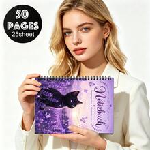1PC A5 German Curious Mind Happy Life Black Cat Spiral Notebook, 50 Pages/25 Sheets, Purple Lavender Journal For Daily Writing, School Notes, Doodling And Cat Lover Gifts - A5 - View 6