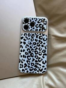 Cool Light Blue Background Black Leopard Print Electroplated Silver Large Window Phone Case Leather Texture Raised Camera Full Coverage Anti-Drop Hard Shell Compatible With Apple 11/12/13/14/15/16/17/18 Retro Hot Girl Style Personalized Protective Cover - Silver - View 3