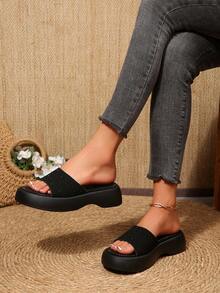 Women ‑Embossed Platform Slide Sandals, Open‑Toe Slip‑On Thick Sole Summer Slippers - Black - View 3