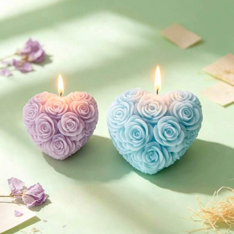 1pc Heart-Shaped Rose Scented Candle Silicone Mold, DIY Handmade Fragrant Plaster Ornament Silicone Mold - White - View 1