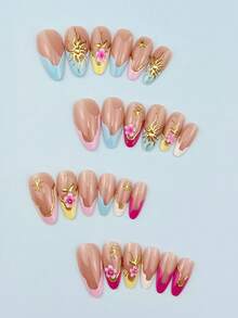 24pcs Medium Almond Shape Elegant Romantic Colorful French 3D Gold Trim Gentle Sunflower Rhinestone Embellished Press-On Nails, With Jelly Glue And Nail File, Suitable For Girls And Women To Wear For Daily Work, Holiday Dates, Party Gatherings And Other Occasions - Multicolor - View 3