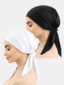 2pcs Women's Elastic Headscarf Hat, Solid Color Tie-Up Headwrap, Hair Protection Cap, Suitable For Daily Use - Multicolor - View 12