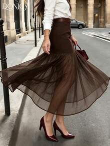 DONICY Women's Elegant Brown Patchwork Long Dress, Structured Waist Design, Glossy Tulle Ruffle Hem, Suitable For Spring Office And Casual Wear (No Belt) - Brown - View 6