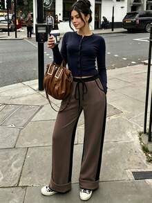 Women's Autumn Colorblock Patchwork Wide Leg Pants, Vacation Street Casual Long Pants, Back To School Autumn Outfit - Brown - View 2