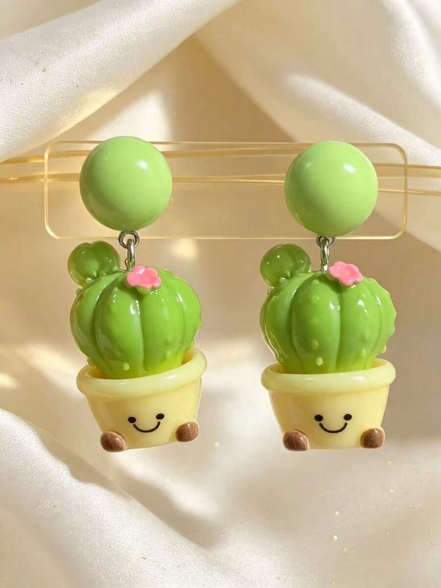 1 Pair Cartoon Cute Resin Cactus Earrings, Personalized Exaggerated Versatile Fashion Sweet Quirky, Suitable For Girls Dating, Vacation, Party, Gathering Outfit Wear - Multicolor - View 1