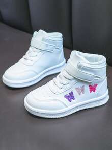 High-Top White Sneakers Cute Embroidery Hook And Loop Strap Soft Sole Anti-Slip Kids Casual Sports Shoes - White - View 4