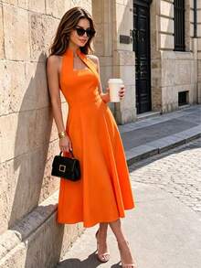 Women's Summer Solid Color Elegant Cold Shoulder Dress, Suitable For Date And Wedding, White Slightly Sheer - Orange - View 1