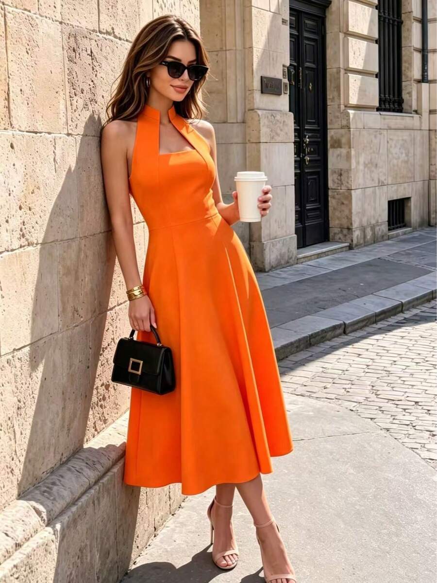 Women's Summer Solid Color Elegant Cold Shoulder Dress, Suitable For Date And Wedding, White Slightly Sheer - Orange - View 1