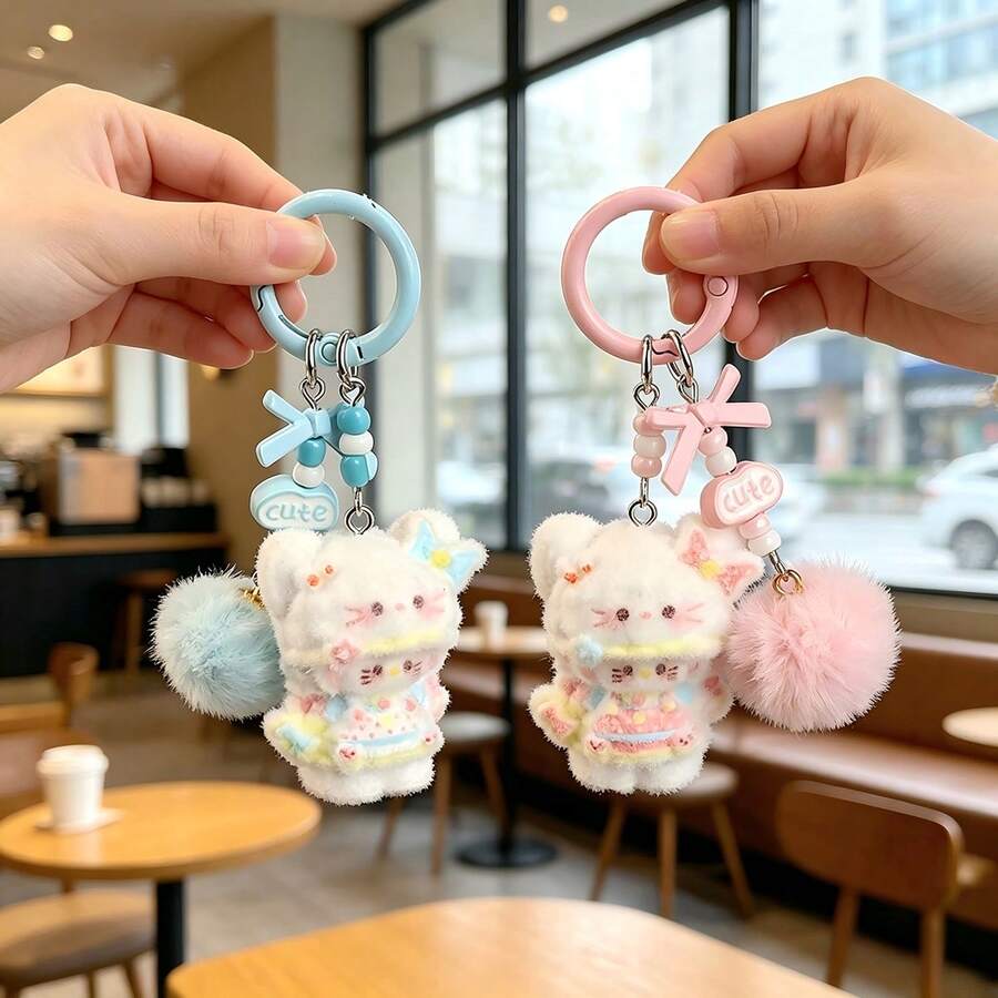 Panini Sweet Cartoon Cat Flocked Bag Charm, Beaded Bowknot DIY Pendant, Suitable For Car Key Decoration, Daily Outfit Accessory, Best Holiday Gift