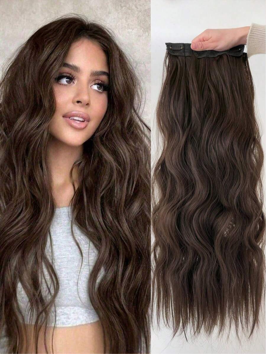 22-Inch 4pcs Brown Clip-In Hair Extensions, Long Wavy Heat-Resistant Synthetic Fiber, Suitable For Women And Girls For Party And Daily Use - Brown - View 1