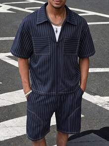 Men's Blue Casual Outdoor Minimalist Striped Shirt And Shorts Fashion Set - Black - View 1
