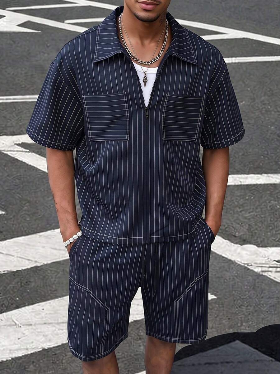 Men's Blue Casual Outdoor Minimalist Striped Shirt And Shorts Fashion Set - Black - View 1