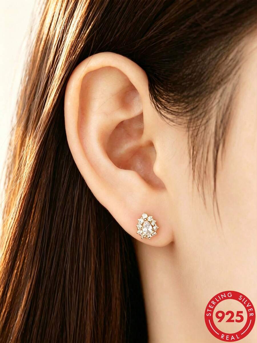 1 par de pendientes de botón de plata de ley S925 minimalistas, elegantes y versátiles, con forma de pequeña lágrima, para mujer - gotas de agua - Ver 1