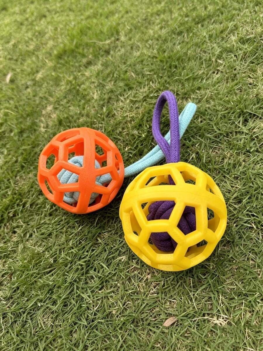 Durable TPR Braided Rope Handle Dog Toy Ball - High Elasticity Interactive Game Cleaning Teeth Training Ball For All Dog Breeds, Fun Design Pet Chewing Ball - Multicolor - View 1
