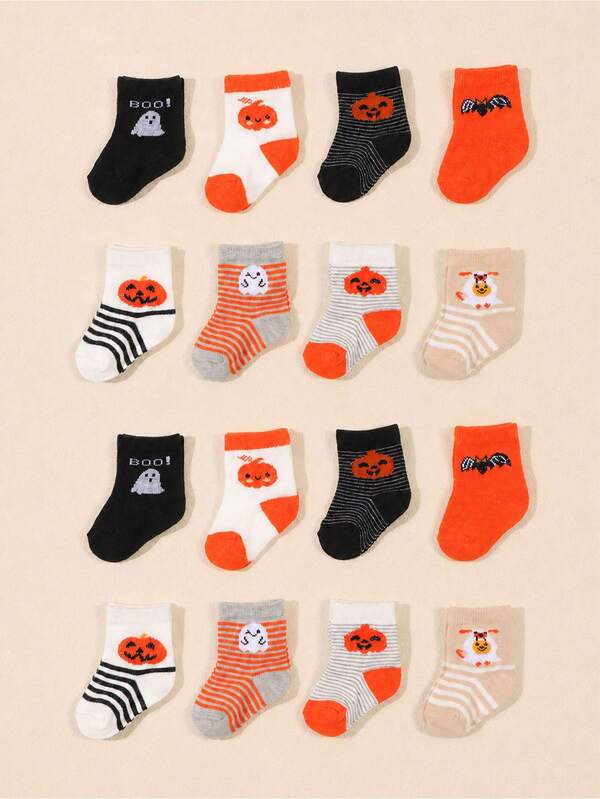 5 Pairs Random Baby Halloween Mid-Calf Socks Pumpkin Bat Ghost Little Devil Cute Versatile Warm Breathable Holiday Essential