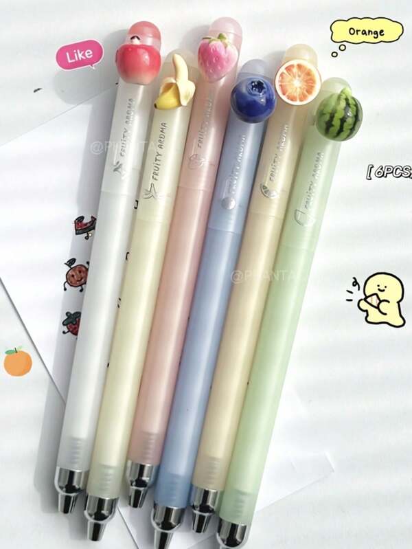 6 PCS Fruit Style Gel Pen Set 0.5Mm Black Pen Creative Apple Strawberry Blueberry Orange Watermelon Banana Pattern Gel Pen Scented Writing Pen