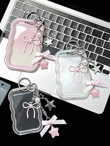 Wavy Lace Transparent Acrylic Card Holder, Shiny Rhinestone Lanyard, Y2K Style, Ins Sweet Pendant Exquisite Bow Heart Resin Pink Star Bag Charm, Card Holder Accessories, Work ID Neck Lanyard, DIY Small Card Storage Case, Fits Idol Photos, Custom Printed Cards, School ID, Access Cards, ID Cards, Work Pass And Metro Access Cards, Student, Fan Gift, Key Chain, Backpack Charm, Back To School Essential (Card Paper Not Included) - Multicolor - View 4