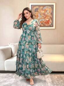 Plus Size Women's V-Neck Floral Print Casual Party & Travel Dress Elegant - Green - View 4