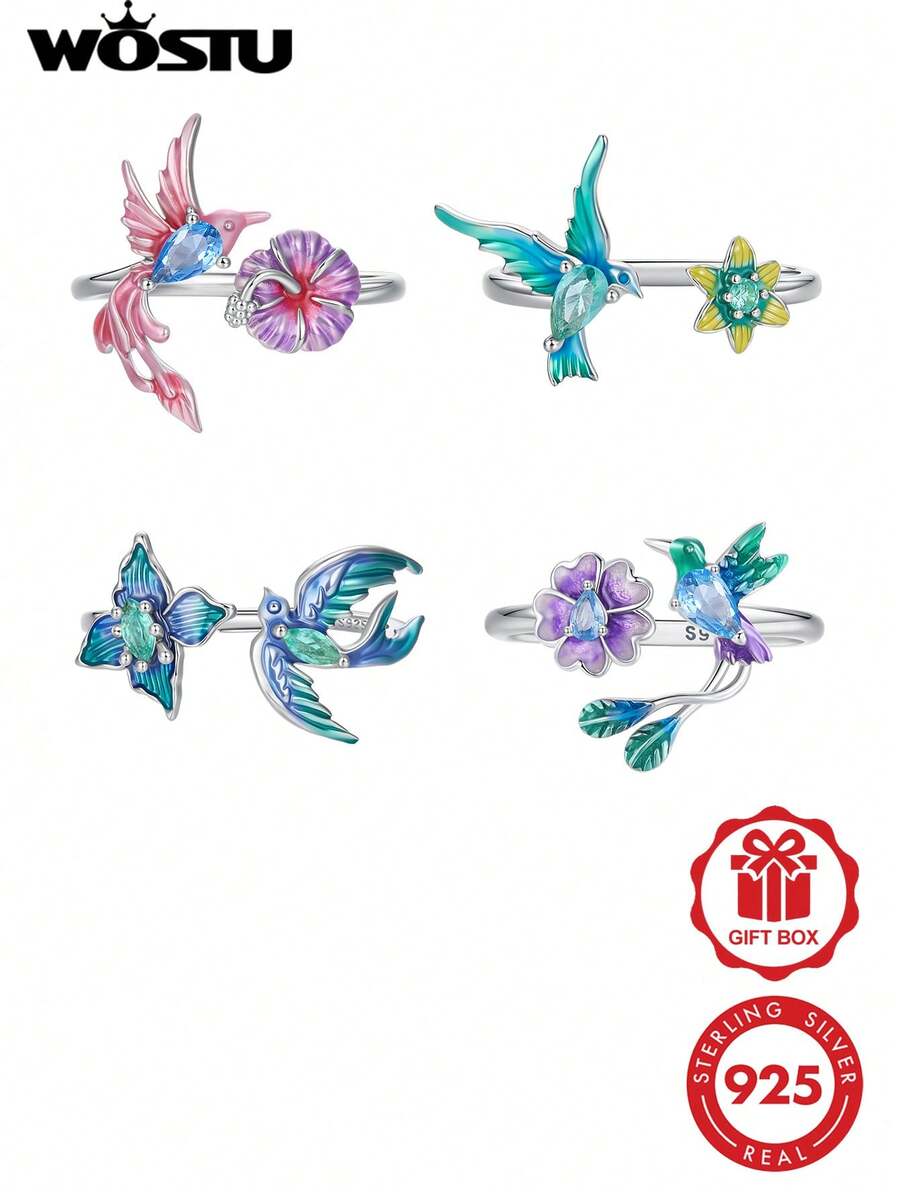 WOSTU 1pc 925 Sterling Silver Open Adjustable Ring Enamel Hummingbird ...