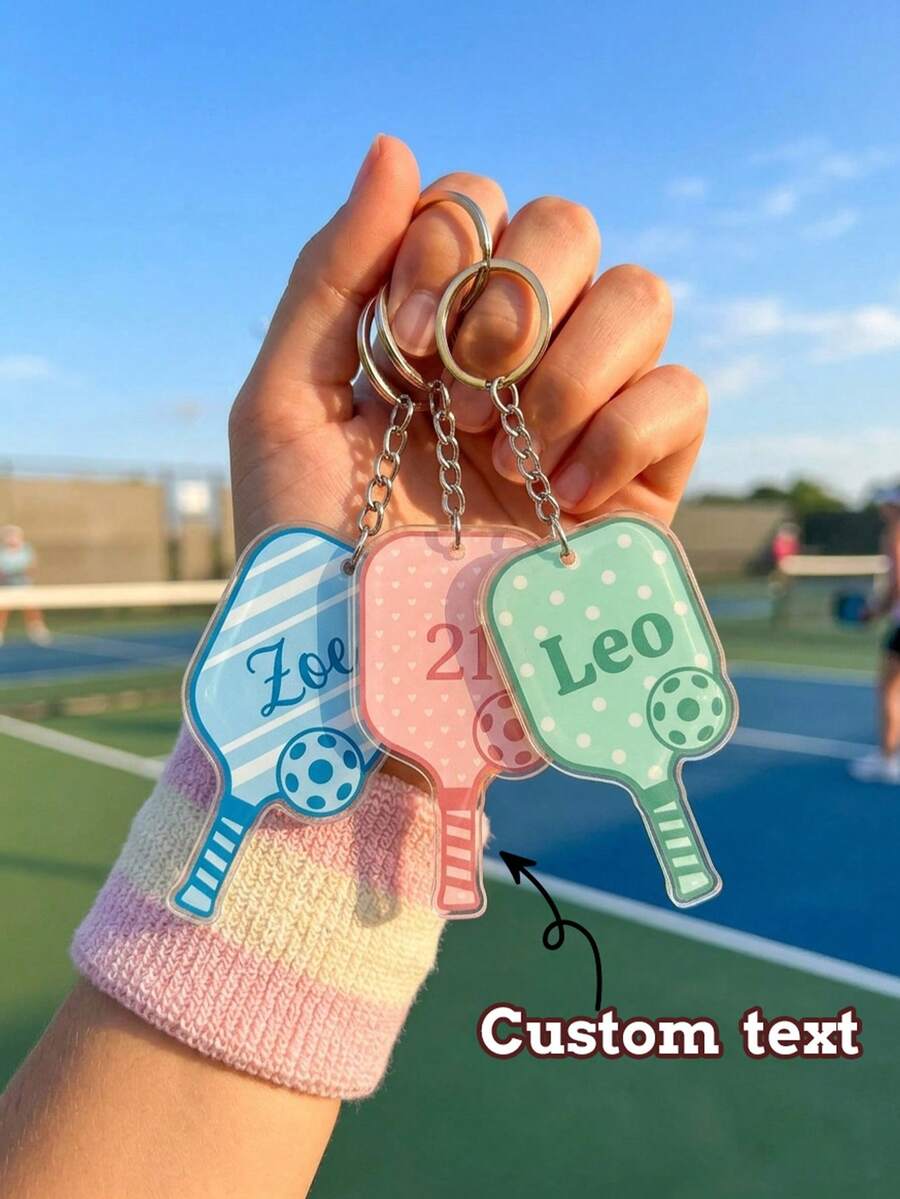 1pc Personalized Pickleball Paddle Keychain, Custom Text Pickle Ball Key Ring, Customized Sport Bag Charm Gift For Pickleball Lovers, Team Players - Multicolor - View 1