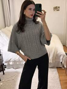 Sweater Turtleneck Abu-abu Polos Kasual Wanita Musim Gugur/Dingin, Atasan Rajut Lengan Raglan, Desain Bertekstur yang Mengencangkan Pinggang, Pullover untuk Pakaian Kantor Sehari-hari - Grey - View 4