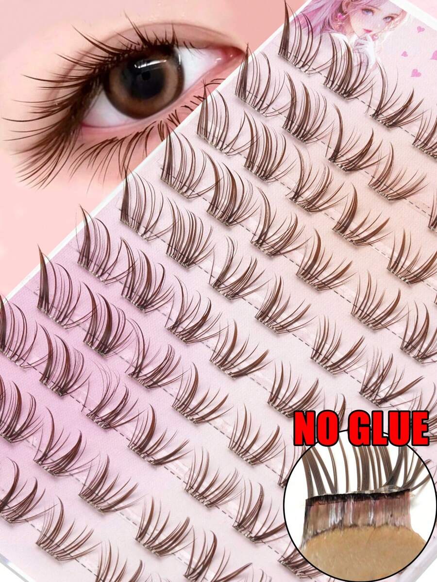 80pcs Pre-Glued Brown Conical False Eyelashes, Soft Fine Tapered Tips, Natural Cat Eye Lash Extension Effect, Lightweight Self-Adhesive Cluster, Suitable For Casual Social Dating, Commuting And Various Daily Needs - C - View 1