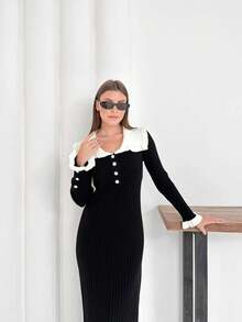 Women's Ruffled Pearl Button Detailed Dress - Black - View 2