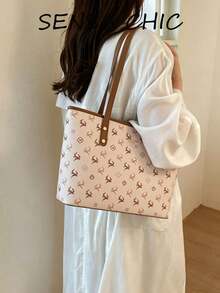 Deer & Bear Print Contrast Binding Rivet Wide Strap Letter Embossed Decor Large Capacity Tote Bag With Zipper Lining Compartment Open Closure Soft Girl Style Handbag For Books Laptop Daily Essentials Student School Commute Travel Outfit Brown Sweet Underarm Shopping Bag - Brown - View 4
