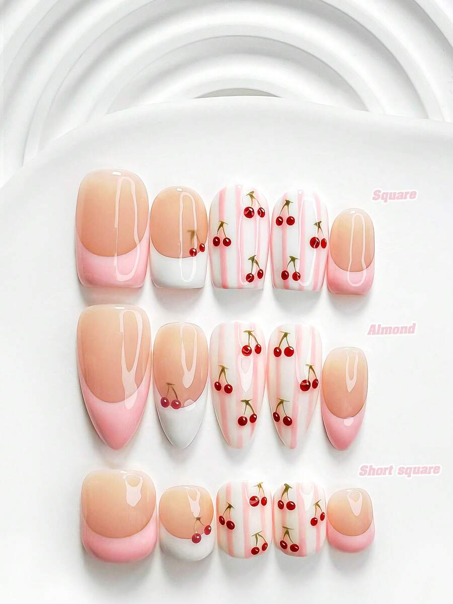 10片可愛手工穿戴式美甲,Polygel美甲套組,條紋櫻桃粉與白色,甜美風格,含美甲工具,3種尺寸可選,方型/短方型/杏仁形,適合派對、跳舞、日常配戴 - 彩色 - 查看 1
