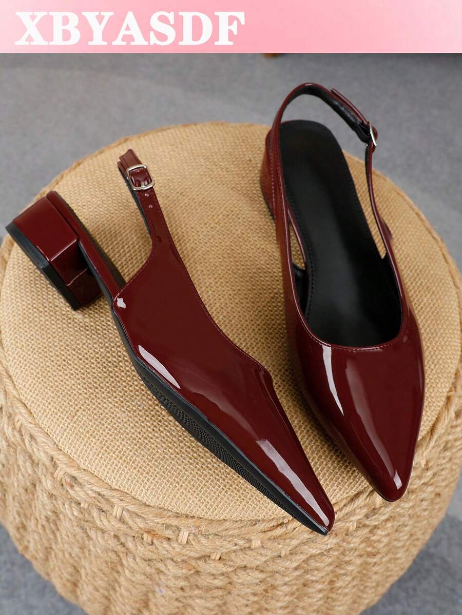 XBYASDF 2026 New Women's Burgundy Glossy Pointed Toe Slingback Chunky Heel Pumps, Elegant 3cm High Heel Sandals For Commute And Date - Burgundy - View 1