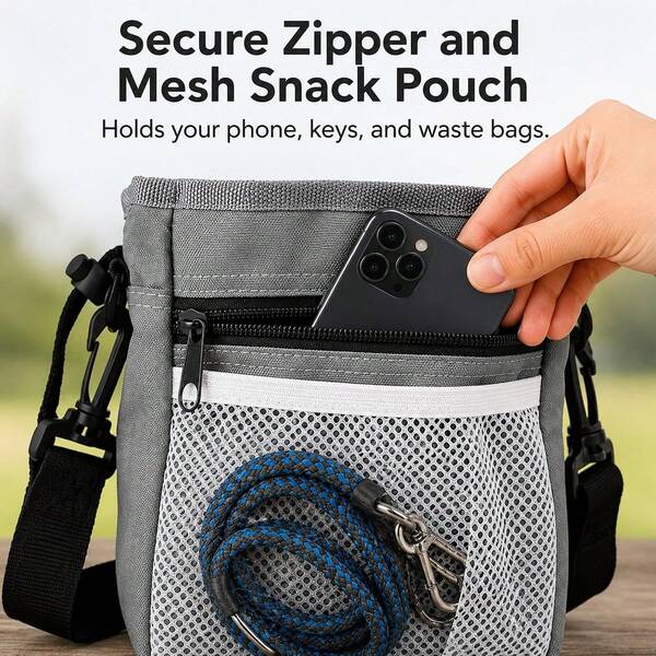 Borsa portatile per spuntino di addestramento per animali domestici & dispenser per sacchetti per rifiuti con moschettone, borsa di stoccaggio per premi per cani di grande capacità, kit per passeggiate all'aperto impermeabile per cuccioli e gattini, portaborsa per rifiuti integrato, set di accessori per animali domestici per viaggi e escursioni in vari scenari