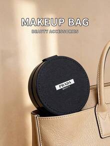 PRADA BEAUTY Black Saffiano Leather Round Jewelry Box, Brand Label Zipper Storage Bag, Portable Mini Makeup Accessory Organizer, Luxury Gift For Women PRADA‑GIFT‑3 - Black - View 3