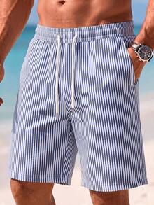 Men's Striped Palm Tree Print Casual Beach Shorts With Drawstring, Summer - Dusty Blue - View 4