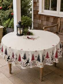 1pc Cream Winter Forest Tablecloth, Minimalist Polyester Rectangular Tablecloth With Reindeer Silhouette, Snowflake, Tree And Moon Pattern, Suitable For Kitchen Decor, Home Decor, Room Decor, Christmas Home Decor And Classroom Decor - Multicolor - View 10