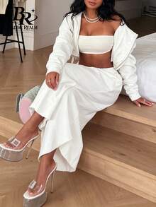 BADDIE REALM Women's 2-Piece Set Front Zipper Loose Fit Street Style Casual Basic Travel Outfit - White - View 7