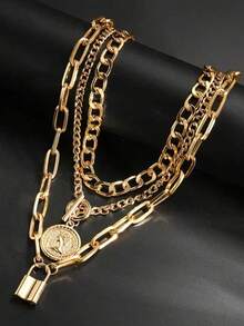 3pcs Vintage Elegant Personalized Exaggerated Punk Style Women Coin & Lock Pendant Necklaces, Suitable For Daily, Party And Travel Wear - Gold - View 4