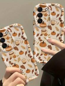 1pc Cream Wavy Edge Shockproof Anti-Fall Protective Phone Case, Autumn Phone Shell, Wavy Edge Cream Background Pumpkin Coffee Cup Maple Leaf Full Print Soft TPU Anti-Fall Phone Protective Case, Suitable For Android System Anti-Fall Protective Shell Compatible With Samsung, Series Phones - White - View 3