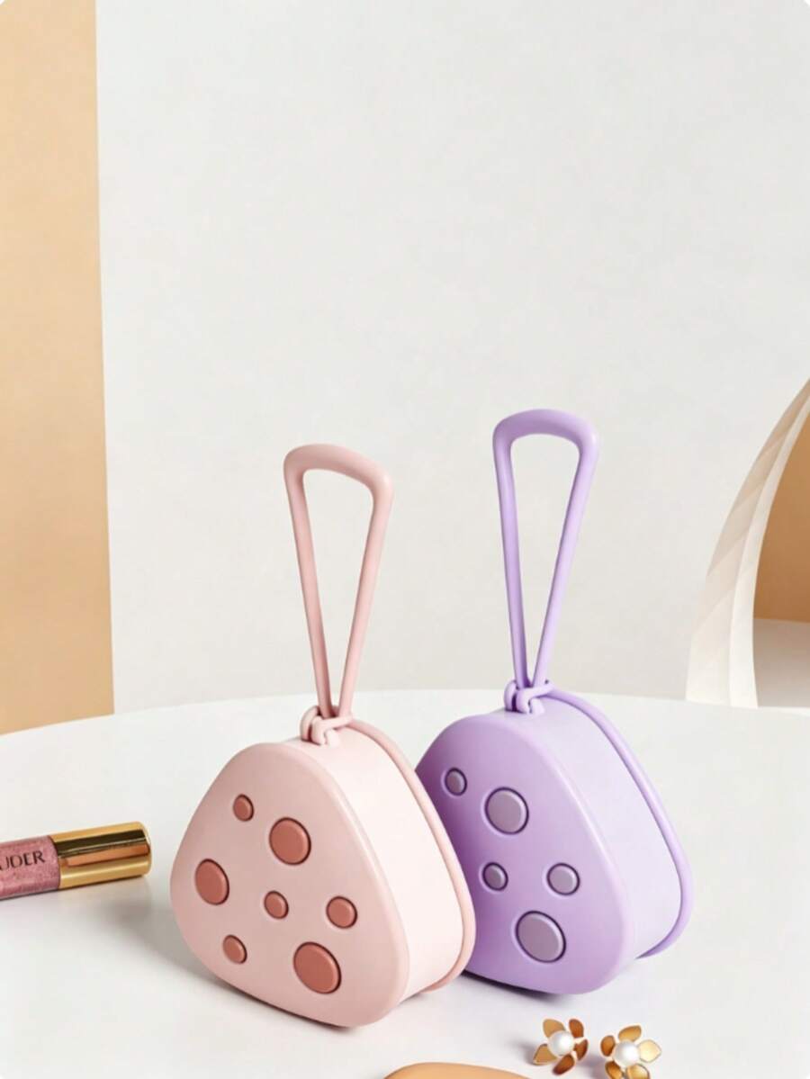 1PC 1PC Triangle Makeup Puff Storage Case, Portable PP Cosmetic Sponge Holder With Mirror, Cute Pink Purple Design Hanging Powder Puff Container, Dustproof Beauty Organizer For Travel Daily Makeup, Party Events And Home Use - Multicolor - View 1