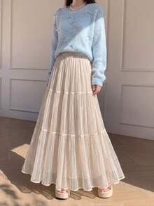 Women's Elegant Pleated A-Line Long Skirt, Vintage Woven Fabric, Slightly Elastic, Suitable For Spring And Autumn Wear - Apricot - View 4