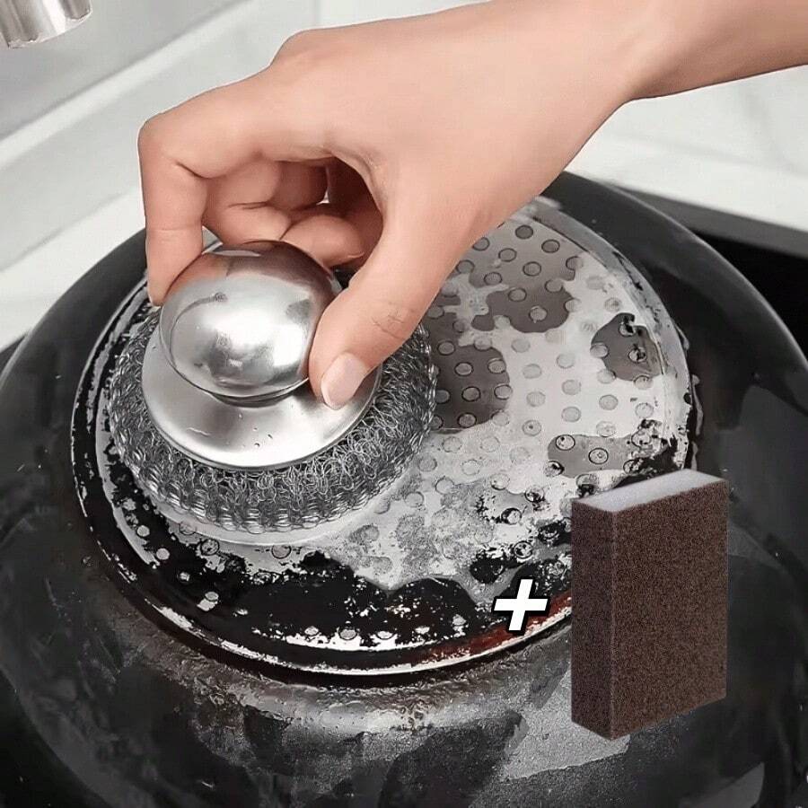 Kitchen Cleaning Set, Stainless Steel Kitchen Scrubber + Magic Pot Cleaning Sponge. Dishwashing, Sink Cleaning, Stain Removal, Rust Removal, Pot Brush, Scouring Pad, Kitchen Accessories, Reusable Kitchen Items - A - View 1