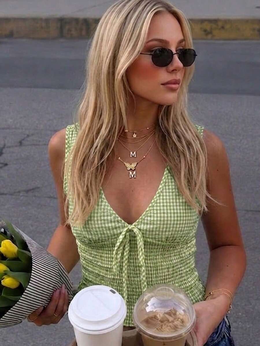 VIVINA Women's Casual Versatile Deep Shirred Plaid Shirred Waist Bow Ruffle Tank Top, Weekend Outing Versatile Top, Early Autumn Versatile Top Summer - Mint Green - View 1