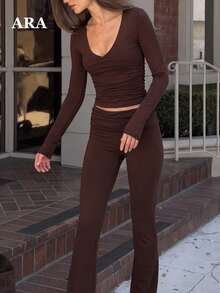 ARA Women's Autumn Brown 2 Pieces Set, V-Neck Long Sleeve Ruched Cropped Top and High-Waisted Long Sleeve Flare Pants, Back Ruched Detail Loungewear & Sportswear - Coklat - View 6