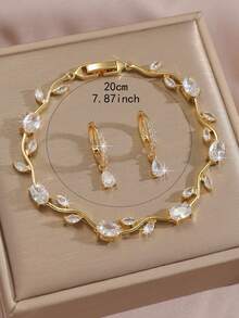 3pcs/Set 18K Gold Plated Luxury Dreamy Colorful Zirconia Tulip Flower Vine Pendant Bracelet And Water Drop Earrings, Women's, Summer Beach Mom Gift, Wedding Decoration Jewelry, Daily Party Birthday Valentine's Day Gift - Gold - View 3