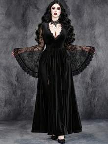 Women's Gothic Sexy Halloween Ghost Bride Cosplay Witch High Slit Lace Patchwork Velvet Stretch Dress - Black - View 5